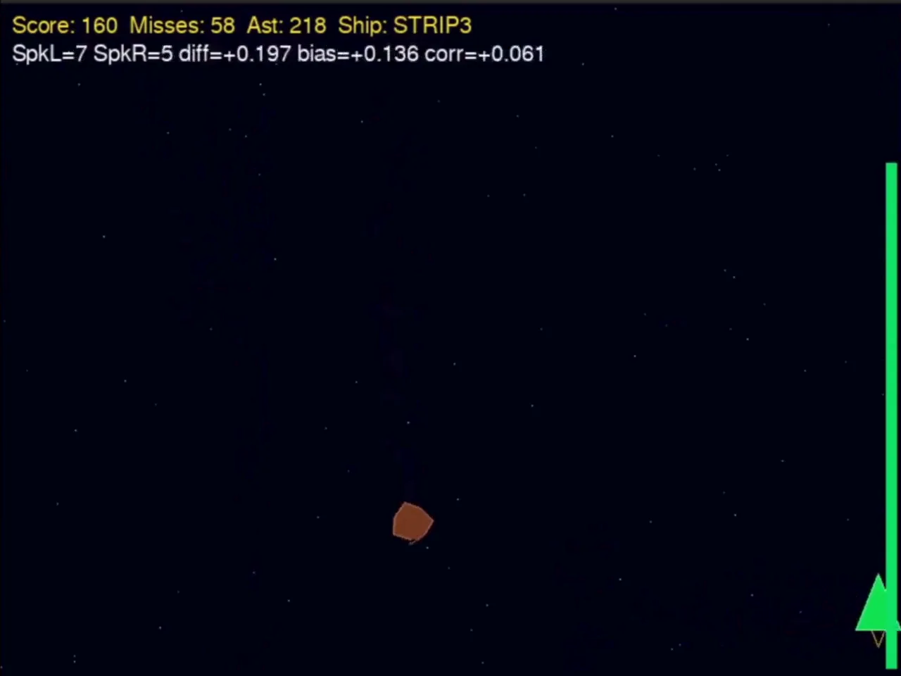 The Asteroid Dodger game: a green spacecraft near the bottom of a starfield with an asteroid descending, telemetry printed across the top